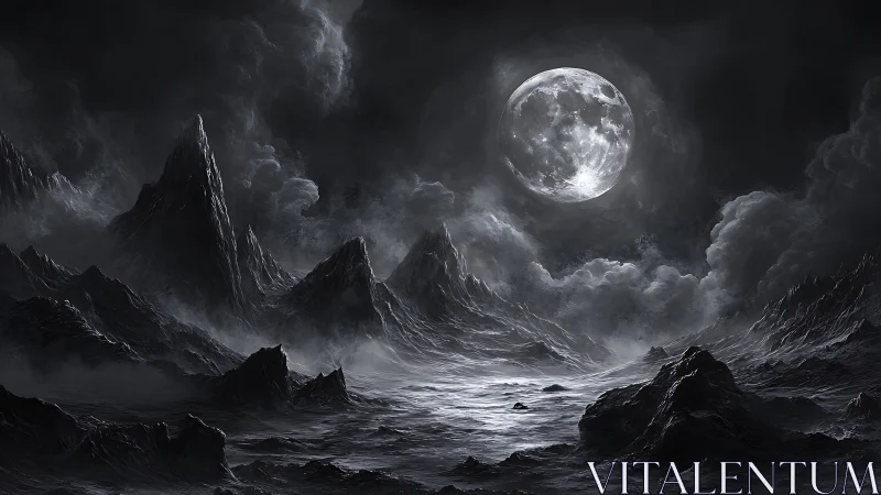 Monochrome lunar wasteland under towering storm peaks.