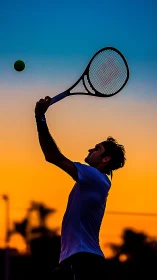Silhouetted tennis player prepares overhead shot at sunset