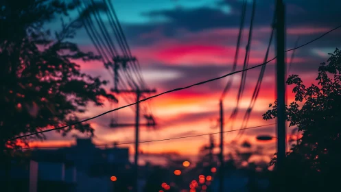 Urban power lines silhouetted against defocused sunset sky.