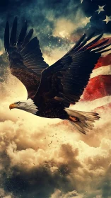 High-altitude bald eagle in dynamic flight over stormy sky