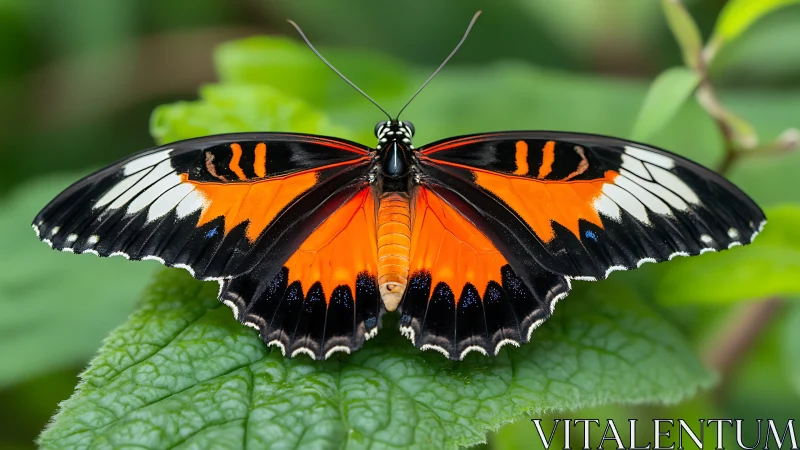Macro study of orange-black butterfly wing patterning on leaf.