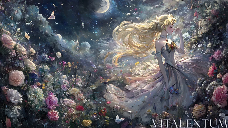 Moonlit blonde heroine in ethereal floral fantasy garden.