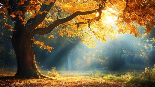 Sunlit autumn tree in misty forest clearing at dawn.