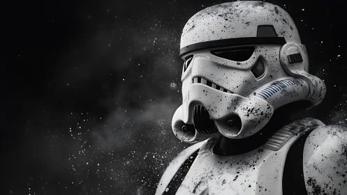 Weathered sci-fi trooper armor in drifting space dust.