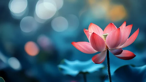 Red Lotus Bloom Against Blue Bokeh Background.