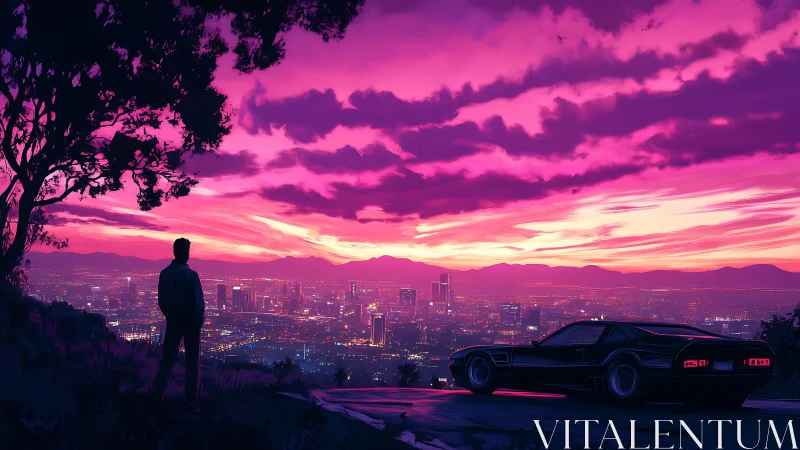 Lone driver contemplates a neon city beneath a radiant sunset