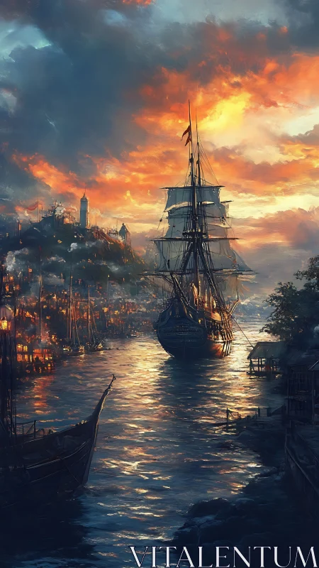 Tall ship traverses illuminated harbor channel at sunset