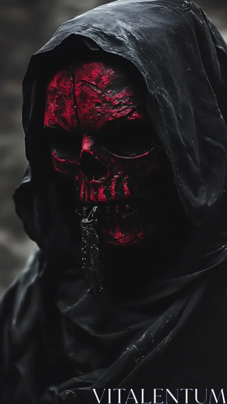 Red skeletal mask is partially concealed beneath dark hood