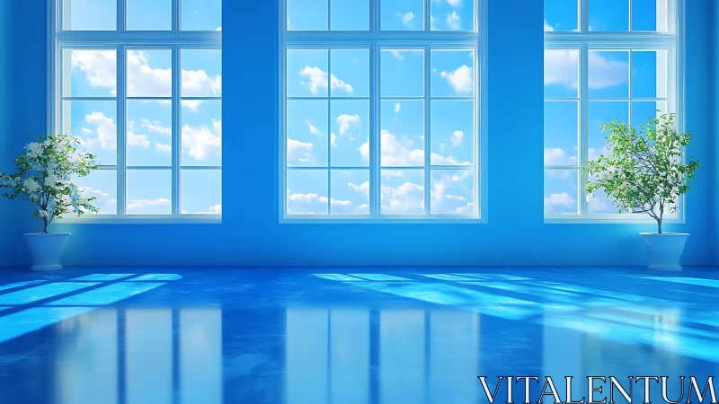 Sunlit blue interior shows large windows and reflective floor