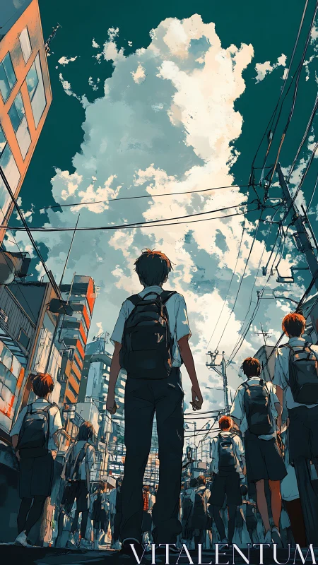 Sky-dazed students crossing a summer-buzzing city street.