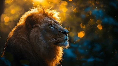 Majestic lion gazes into glowing dusk amid dreamy bokeh light