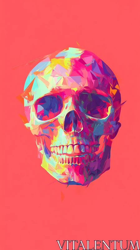 Prismatic neon skull grins brightly against hot coral void
