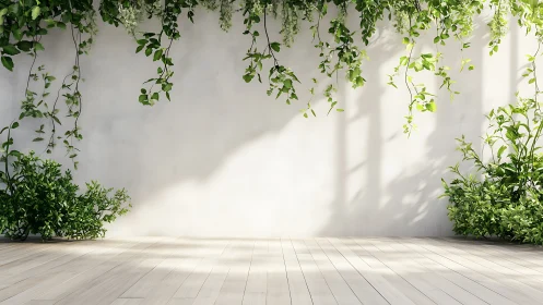 Minimalist terrace wall with cascading green ivy plants.