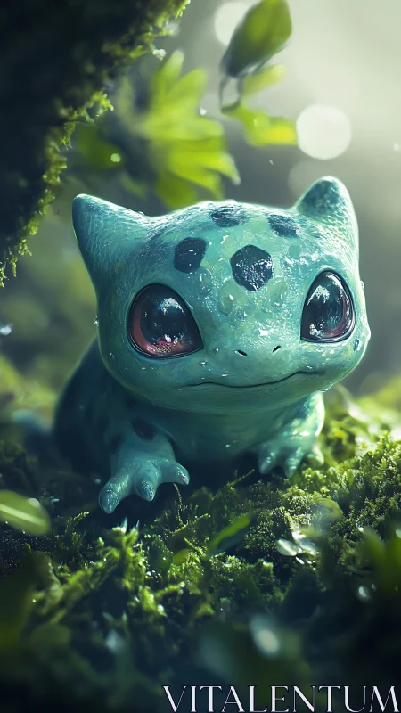 Cute green creature resting on moss in soft forest light.