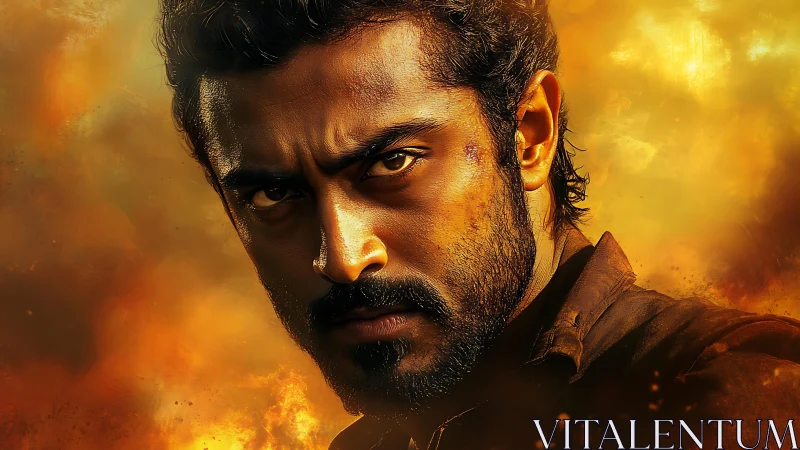 Intense male portrait against fiery, cinematic atmospheric backdrop