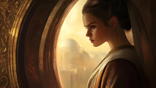 Regal maiden at sunlit portal above golden cityscape.