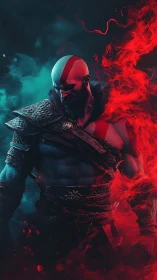 Armored warrior stands in dual-toned atmospheric flames