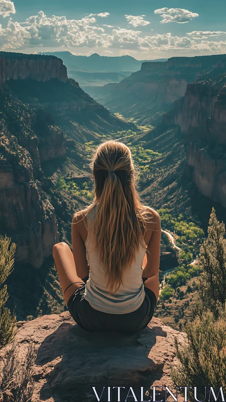 Solitary hiker surveys sunlit canyon valley from cliff edge