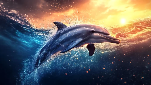 Radiant dolphin leaping through glowing sunset waves.