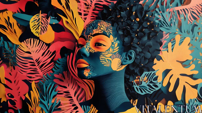Neon jungle portrait merges human form with paper flora.