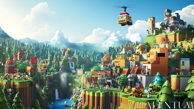 Colorful blocky valley town wakes up under bright mountain skies