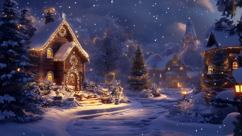 Snowy village cabin glows with warm festive winter lights