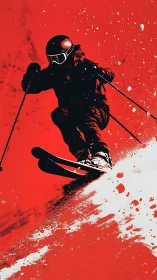 Silhouetted skier carves through vivid red powder storm