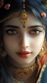 High-fidelity digital portrait of jeweled South Asian visage.