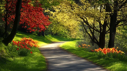 Curving paved path passes flowering trees and tulip borders