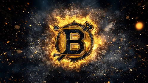 Blazing metallic B emblem erupts in fiery cosmic energy