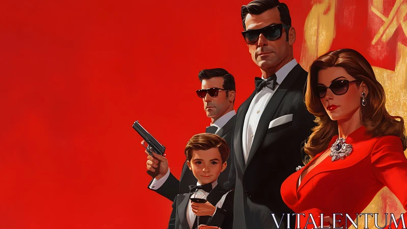Stylish spy family poses against vivid red backdrop.