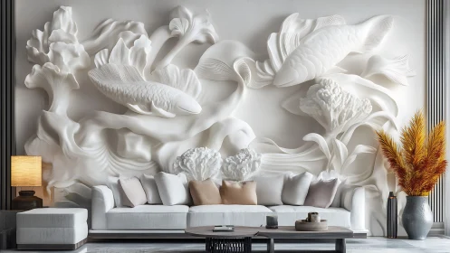 Wall-mounted koi relief sculpture frames contemporary sofa seating