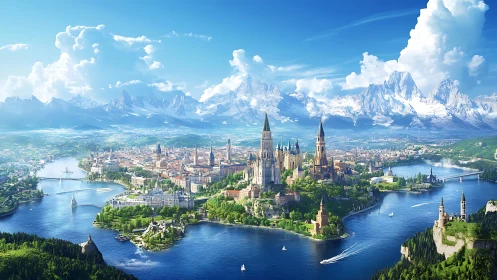 Sunlit river kingdom wrapped in bright mountains and towers.