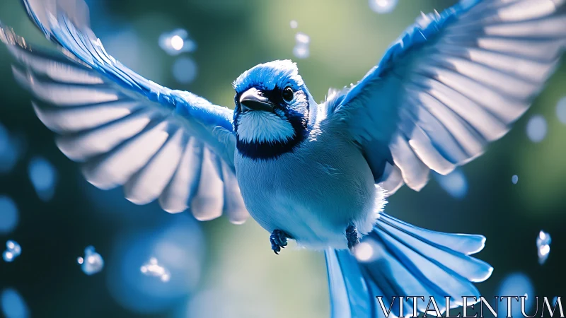 Vivid blue jay in flight with glowing wings, digital art style.
