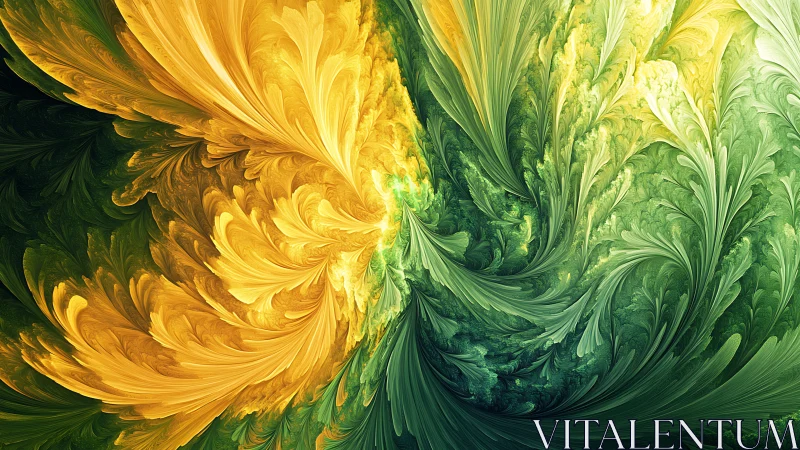 Abstract yellow and green fractal swirls form layered plumes