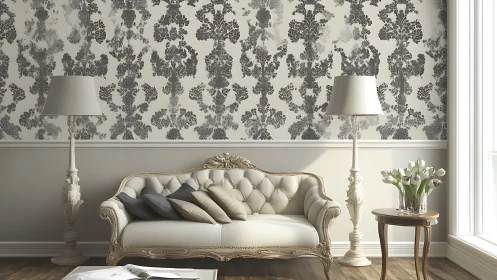 Ornate cream sofa in gray floral wallpapered lounge.