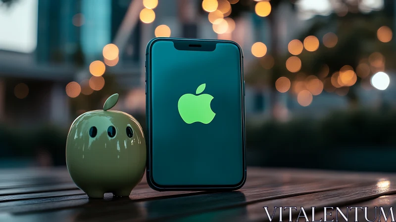 Apple iPhone Glows with Green Logo Beside Decorative Sphere.
