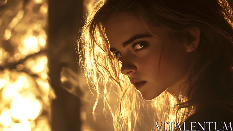 Backlit cinematic portrait in warm golden rim lighting style.