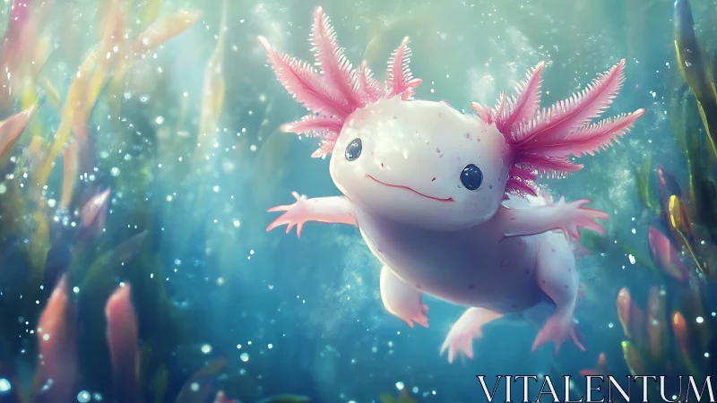 Axolotl swims forward through softly lit aquatic plants.