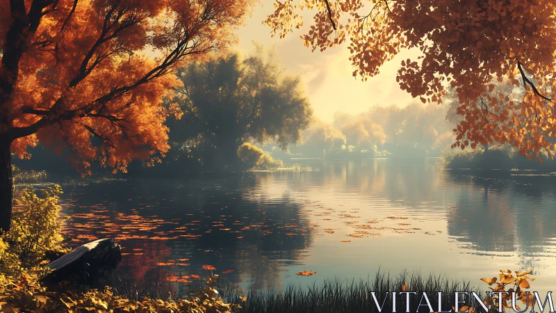 Serene autumn lake with golden trees and soft morning light.