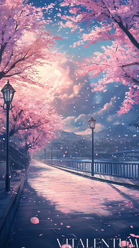 Cherry blossom riverside path glows in tranquil evening light.