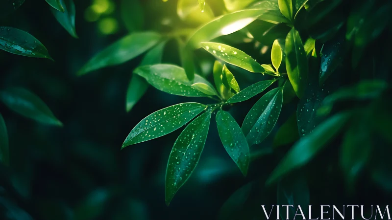 Backlit dew-covered leaves form high-contrast bokeh foliage plane