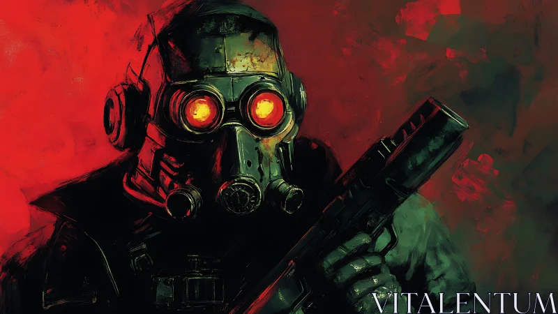 Crimson wasteland sentinel with burning neon eyes stands ready.