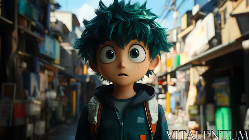 Wide-eyed green-haired youth in urban alleyway illumination.