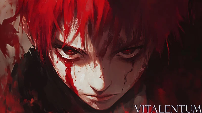 Bloodlit stare of the crimson‑haired avenger, unbroken gaze.