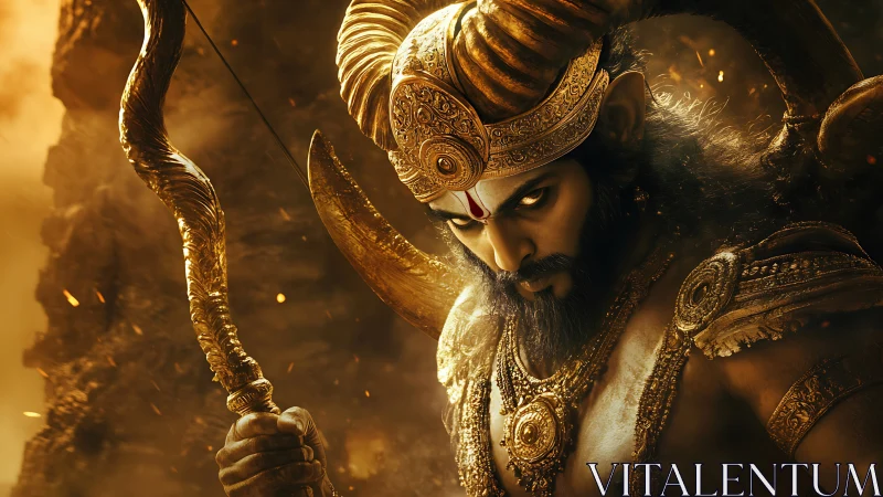 Warrior archer with ornate gold armor stares in intense focus