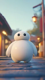 Soft-bodied white robot stands on paved street at dusk