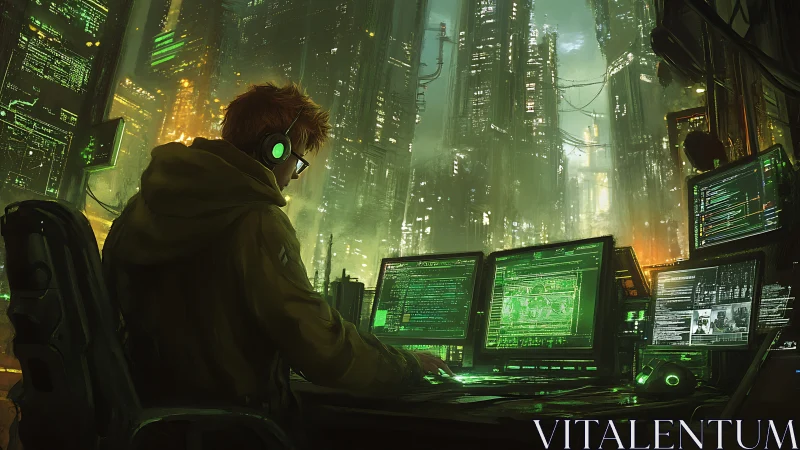 Lone urban coder quietly shapes a neon city&rsquo;s digital pulse