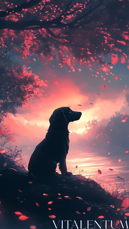 Silhouetted dog at sunset beside glowing tranquil lake.