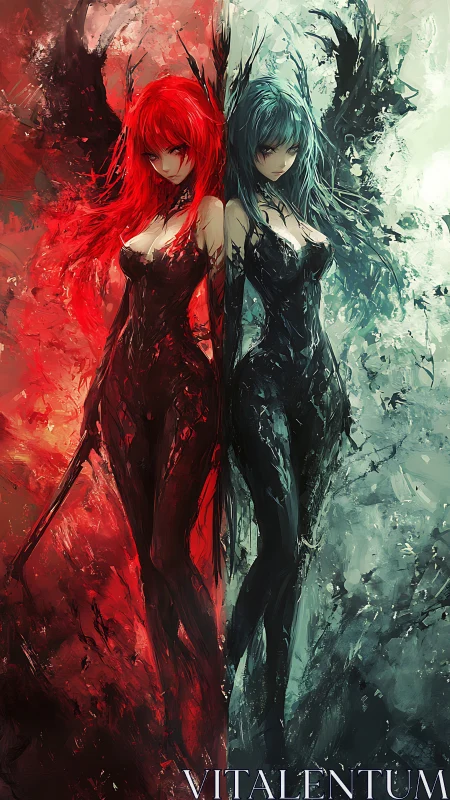 Twin elemental sirens divide fire and frost in swirling dusk.